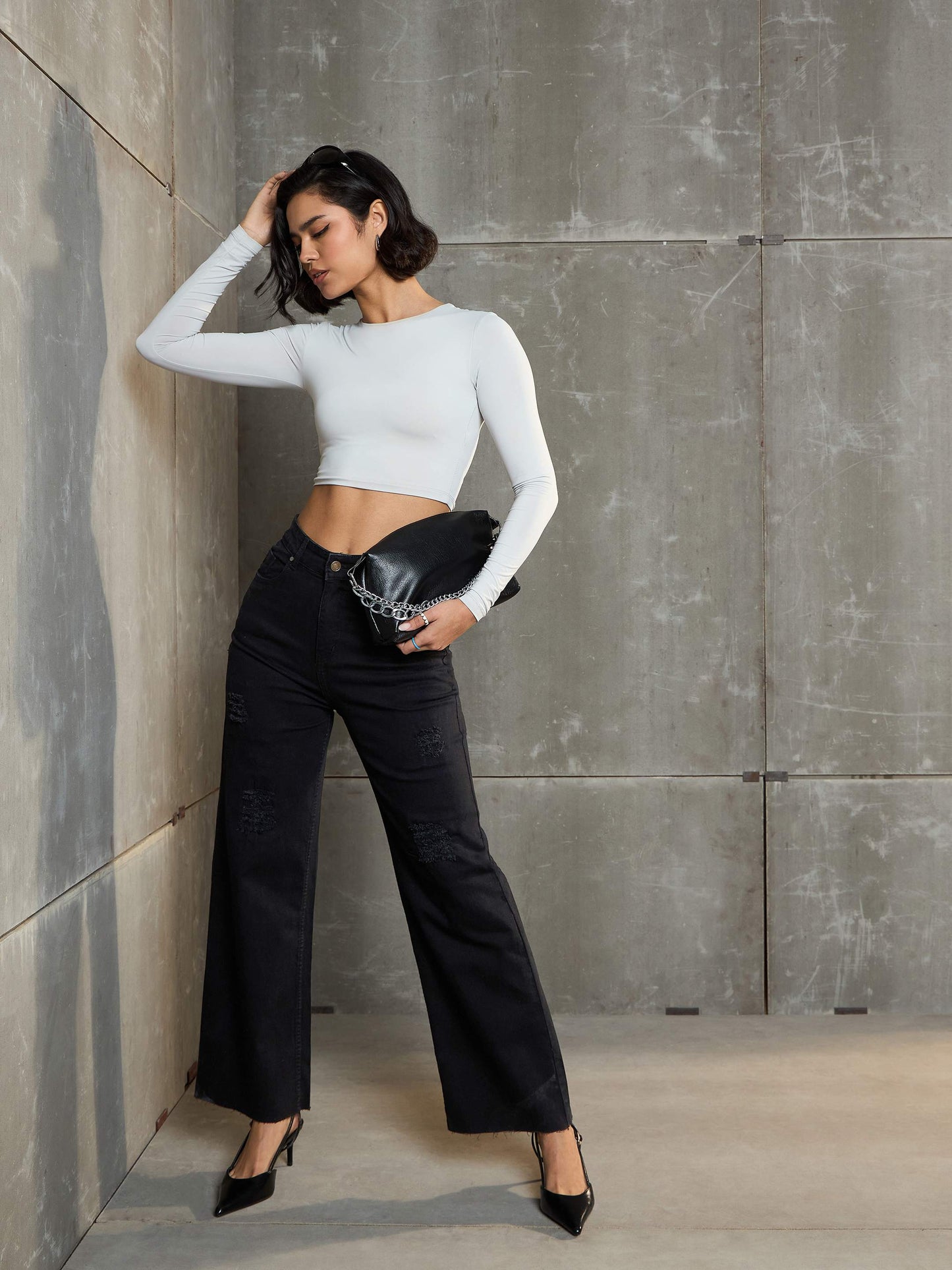 Women Black Denim Premium Front Detail Straight Jeans