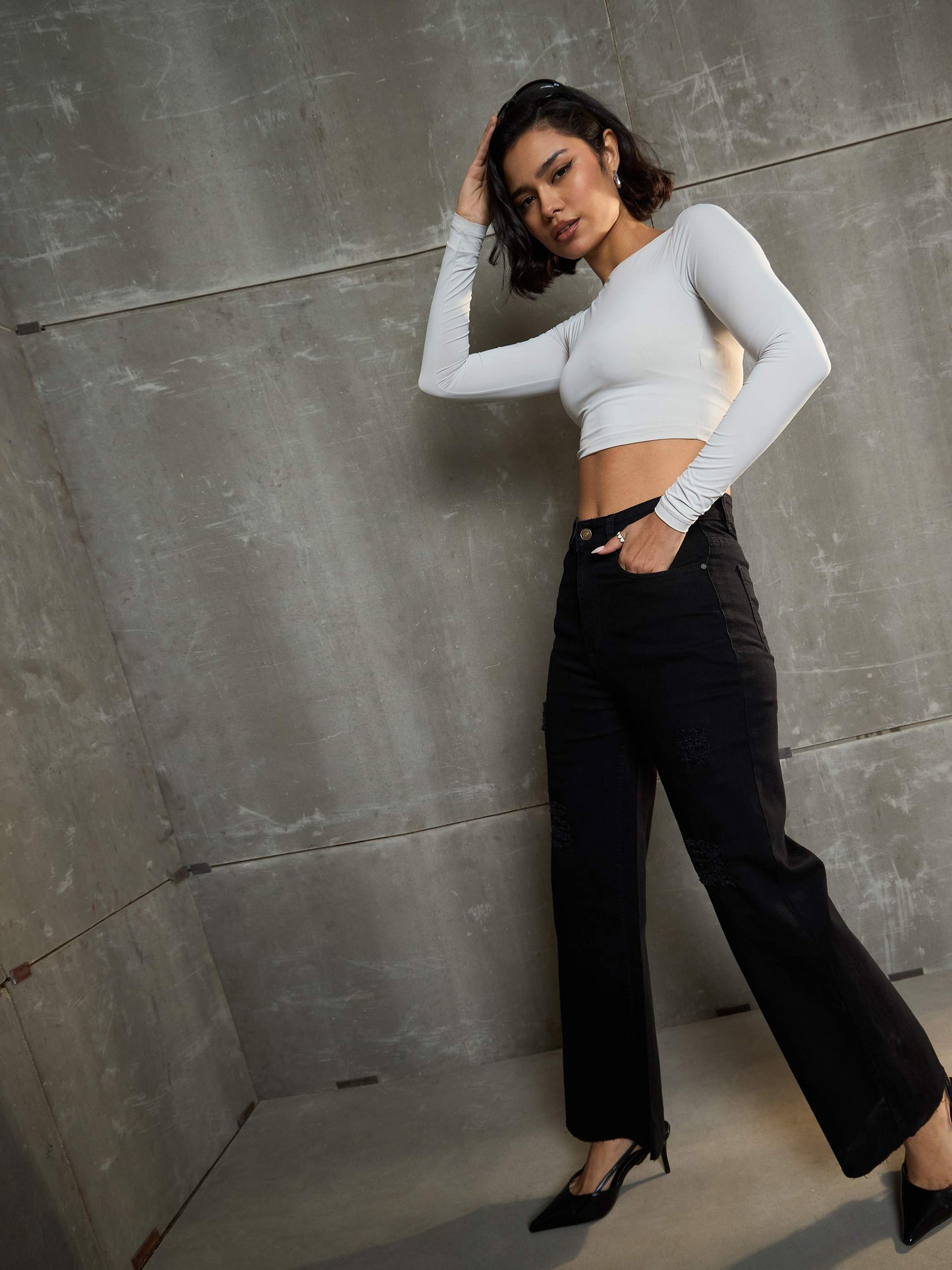 Women Black Denim Premium Front Detail Straight Jeans