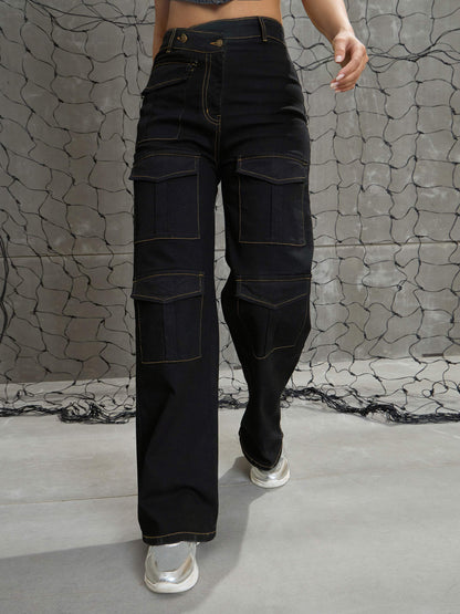 Women Black Cargo Straight Jeans