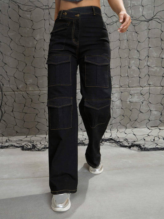 Women Black Cargo Straight Jeans