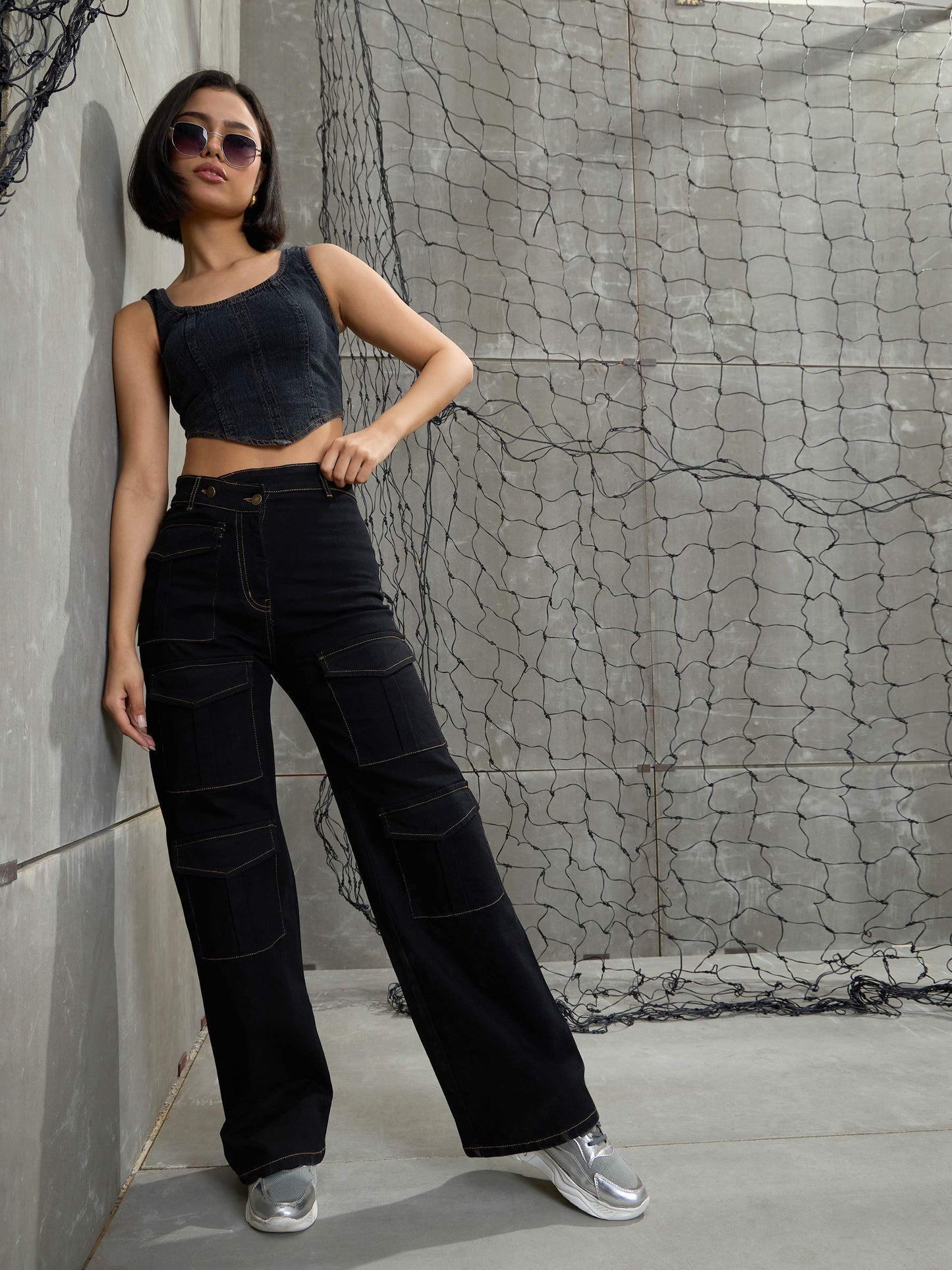 Women Black Cargo Straight Jeans