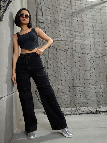 Women Black Cargo Straight Jeans