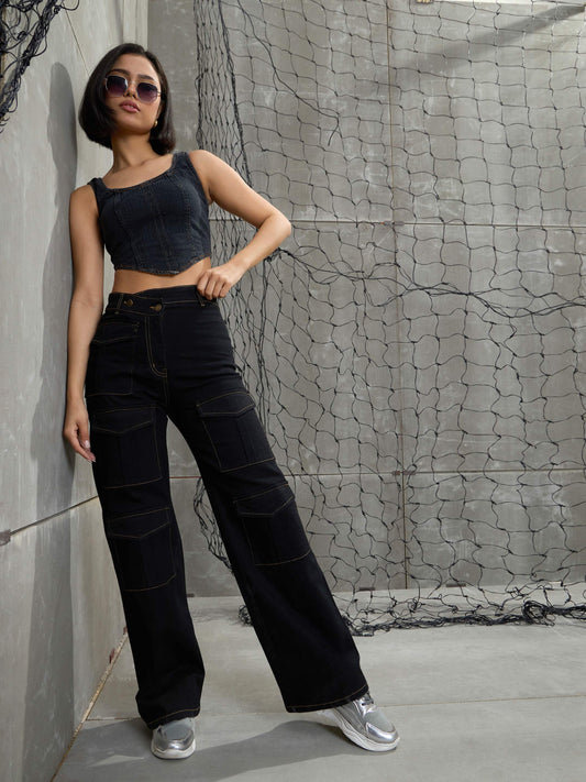 Women Black Cargo Straight Jeans