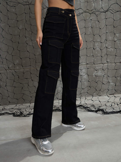 Women Black Cargo Straight Jeans