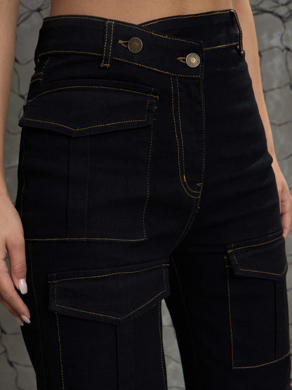 Women Black Cargo Straight Jeans