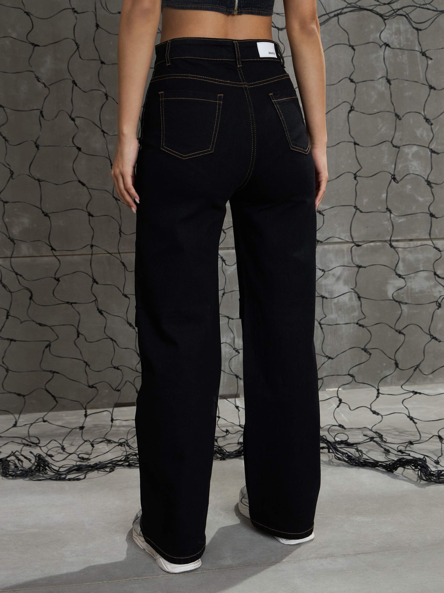 Women Black Cargo Straight Jeans