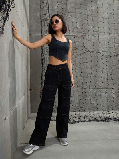 Women Black Cargo Straight Jeans