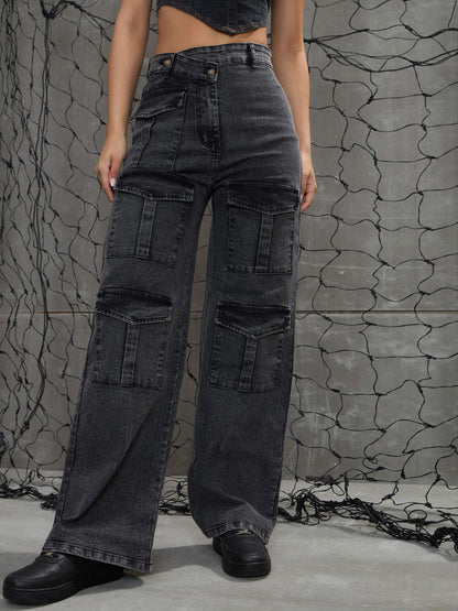 Women Black Washed Cargo Straight Jeans