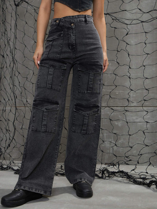 Women Black Washed Cargo Straight Jeans