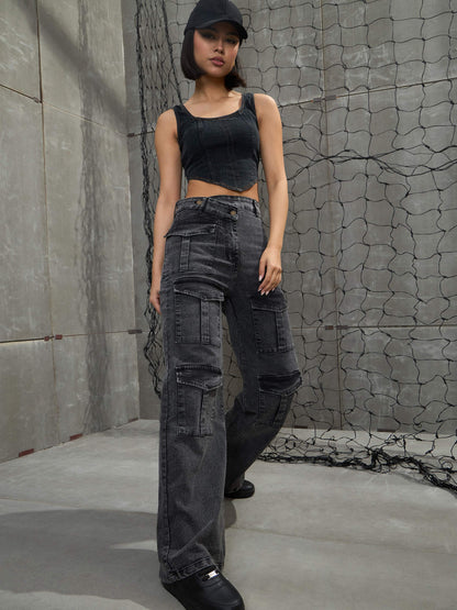Women Black Washed Cargo Straight Jeans