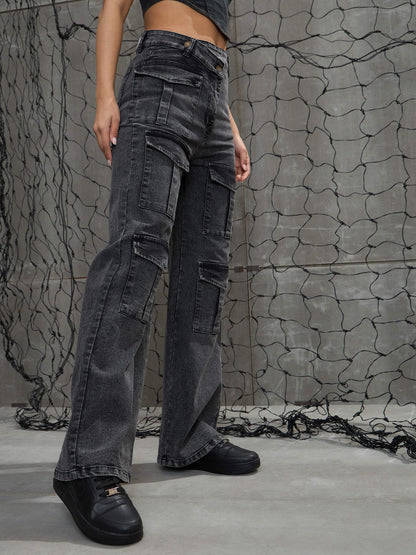 Women Black Washed Cargo Straight Jeans
