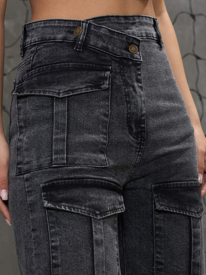 Women Black Washed Cargo Straight Jeans
