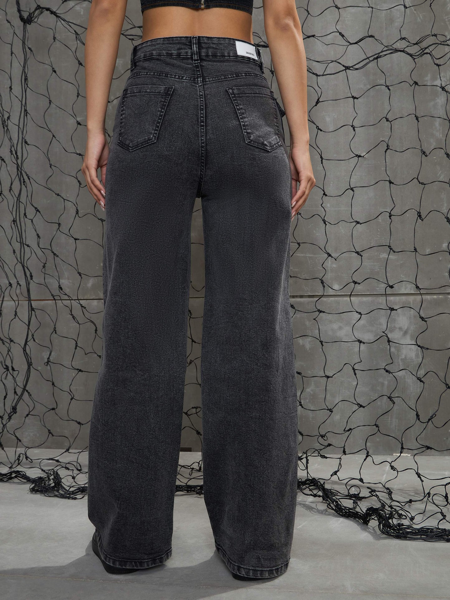 Women Black Washed Cargo Straight Jeans