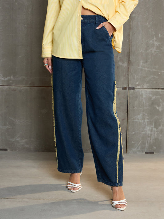 Women Nevy Blue Fringed Straight Fit Jeans