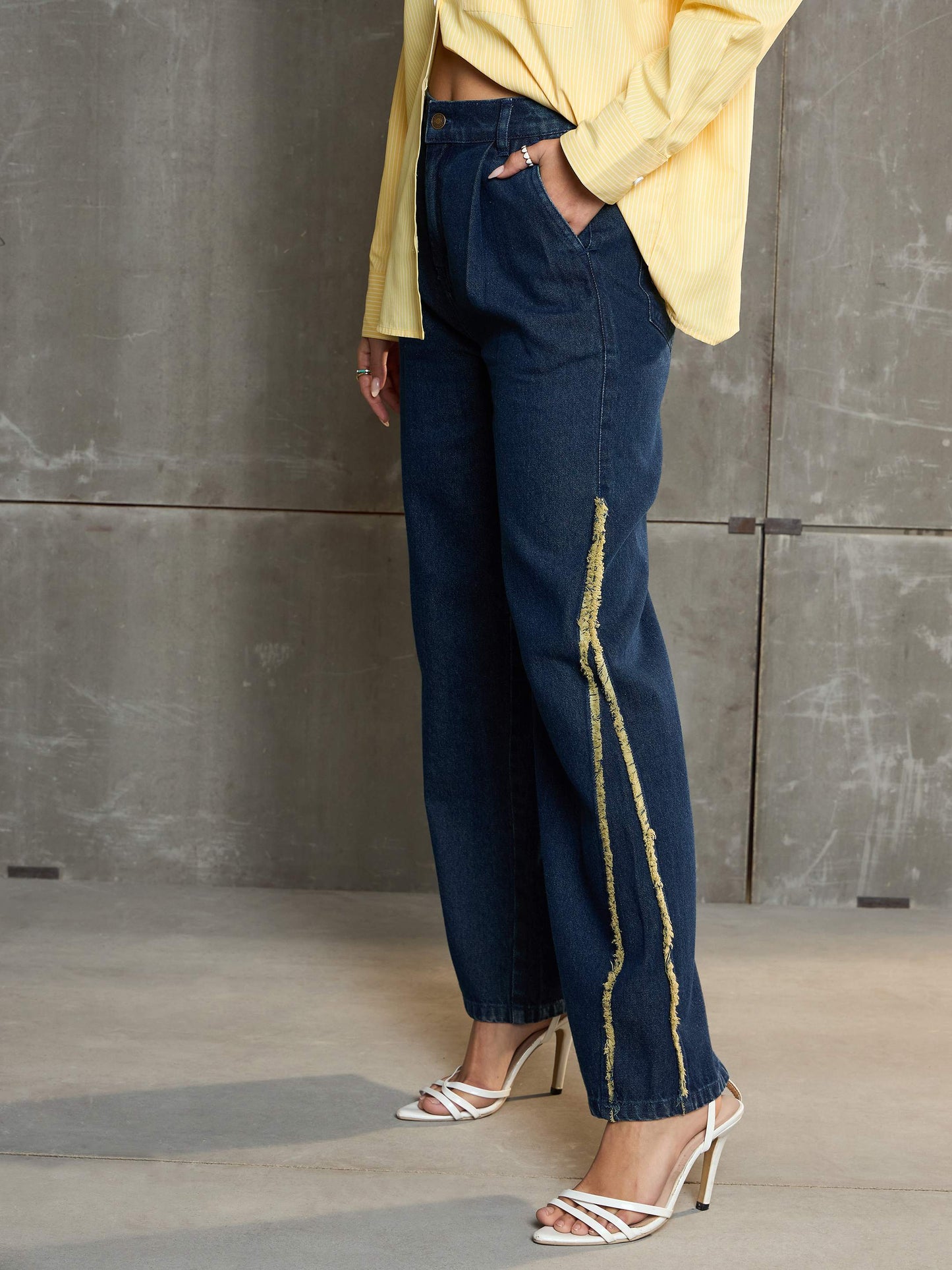 Women Nevy Blue Fringed Straight Fit Jeans