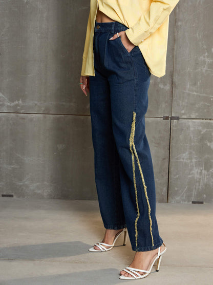 Women Nevy Blue Fringed Straight Fit Jeans