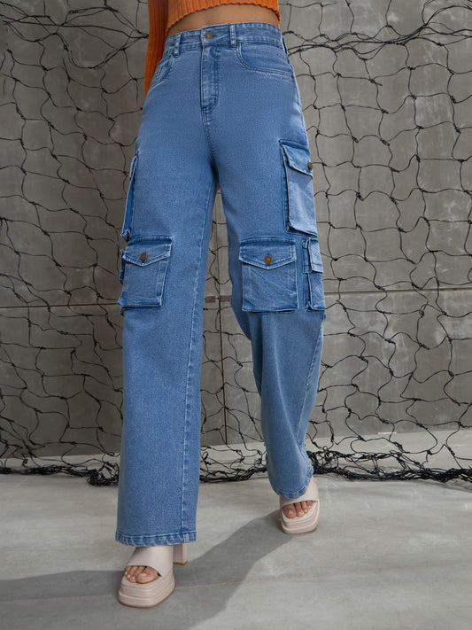 Women Blue Denim Multi Pockets Cargo Jeans