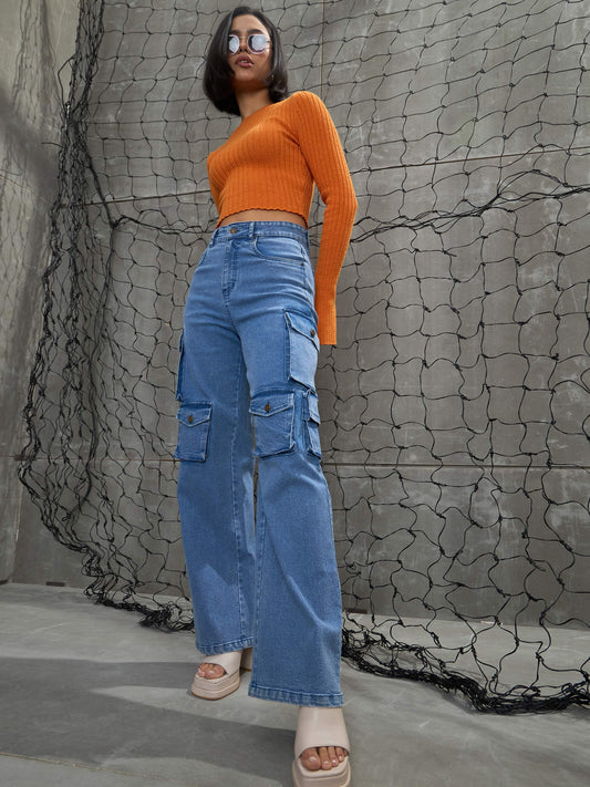 Women Blue Denim Multi Pockets Cargo Jeans
