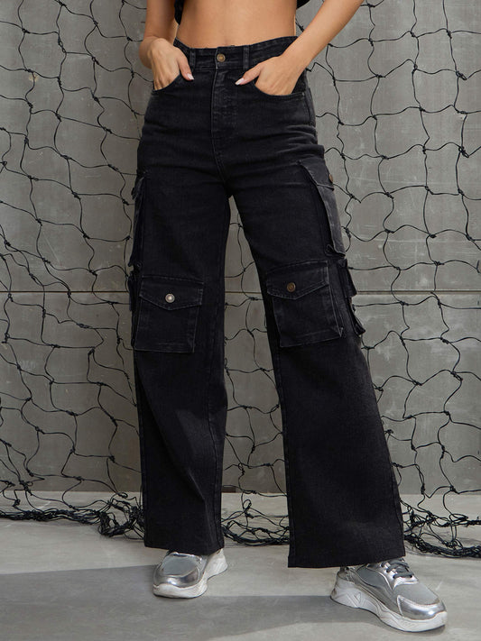 Women Black Washed Denim Multi Pockets Cargo Jeans