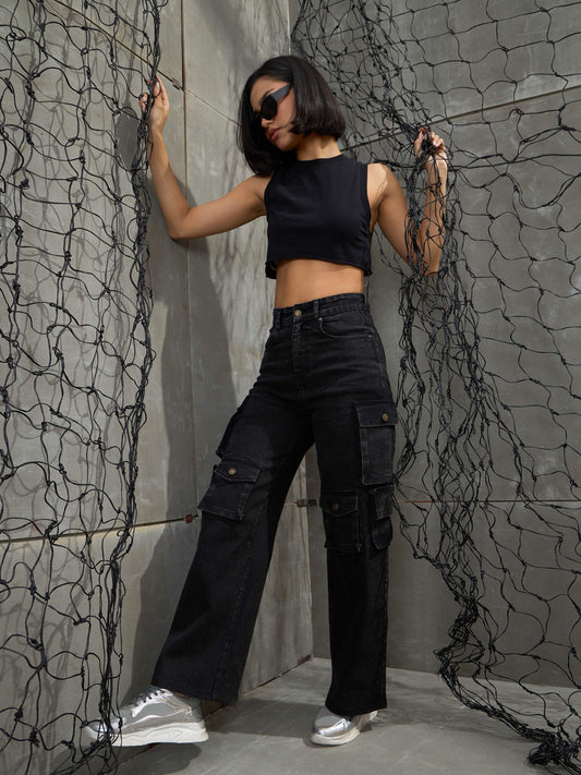 Women Black Washed Denim Multi Pockets Cargo Jeans