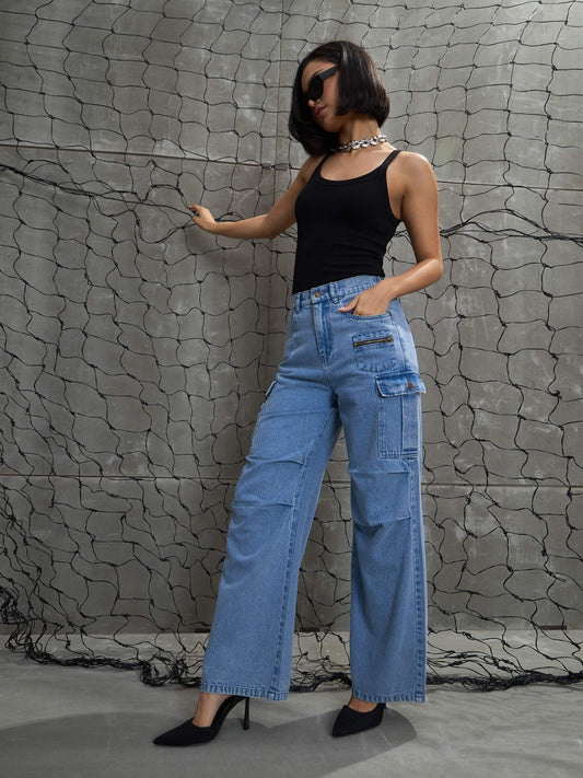 Women Blue Denim Pleated Knee Cargo Jeans