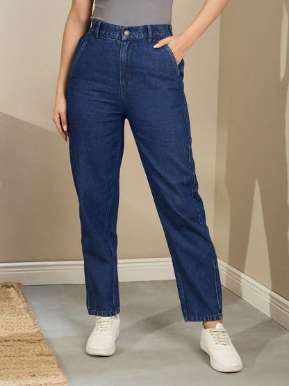 Women Navy Blue Washed Tapered Jeans