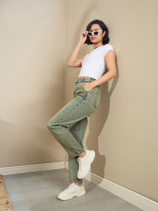 Women Green Washed Tapered Jeans