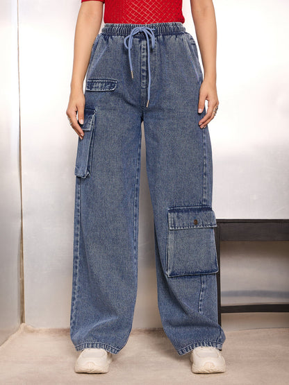 Women Blue Washed High Rise Drawstring Jeans