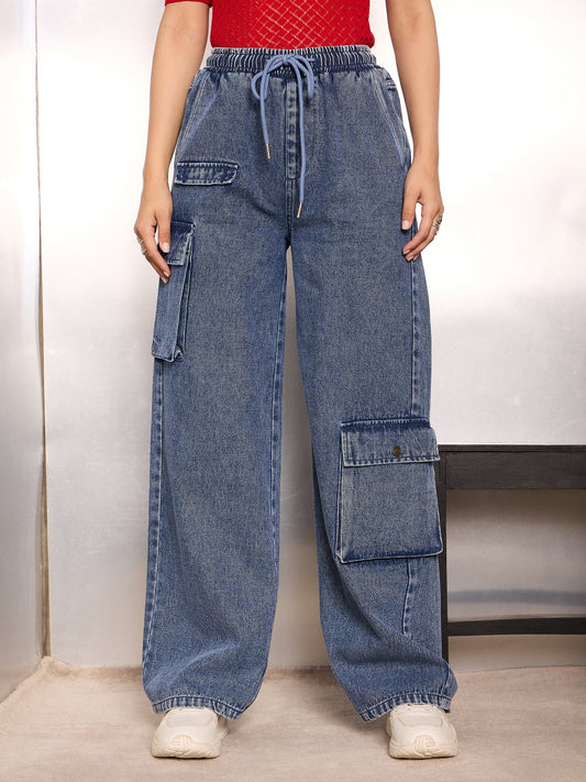Women Blue Washed High Rise Drawstring Jeans