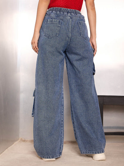 Women Blue Washed High Rise Drawstring Jeans