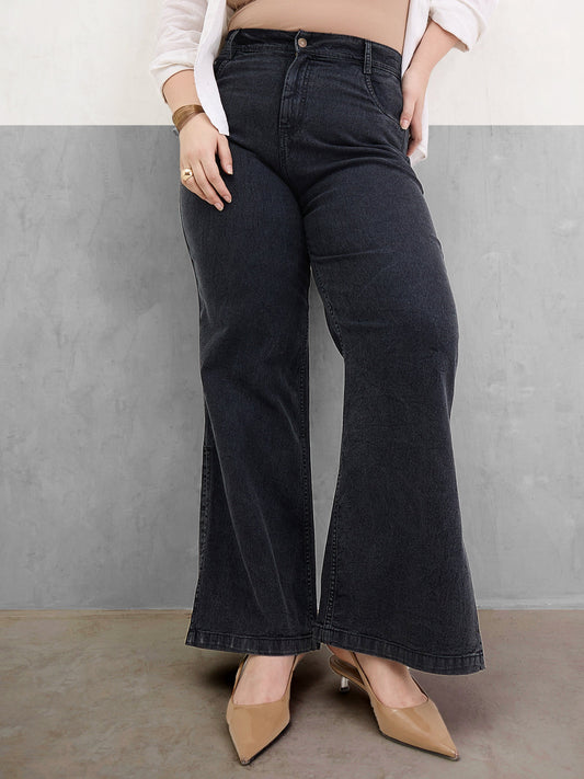 Women Black Blast Hem Slit Straight Jeans