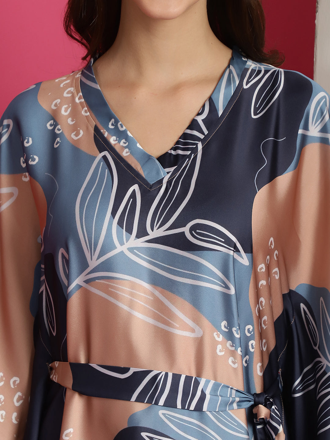 Blue Colour Tropical Printed Silk Satin Kaftan Nightdress