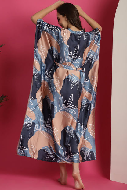 Blue Colour Tropical Printed Silk Satin Kaftan Nightdress