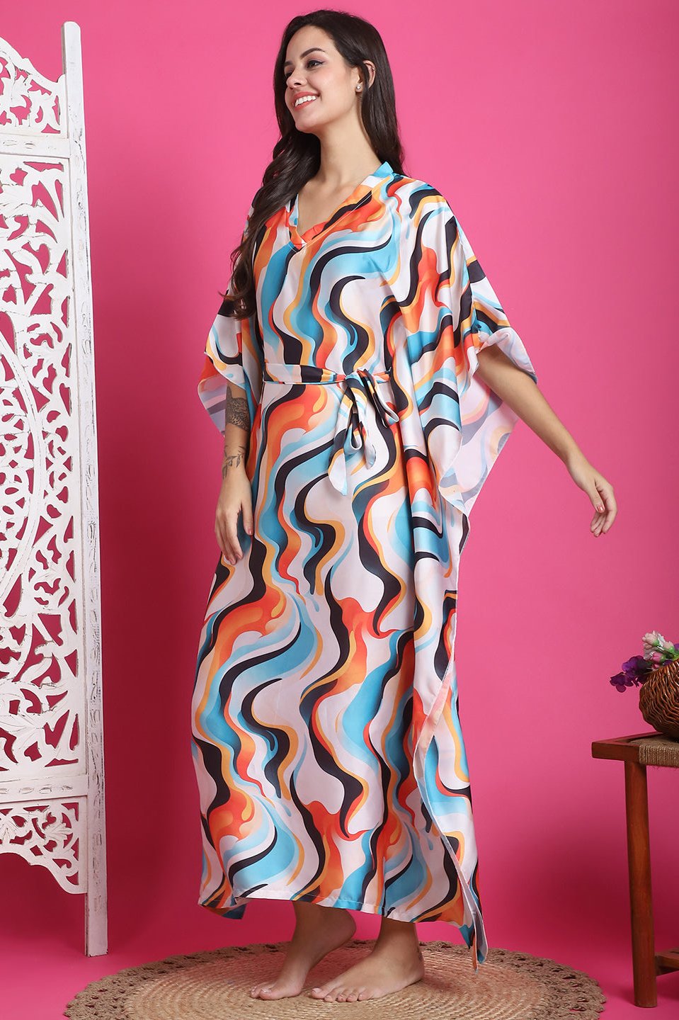 White Color Abstract Printed Satin Kaftan For Women