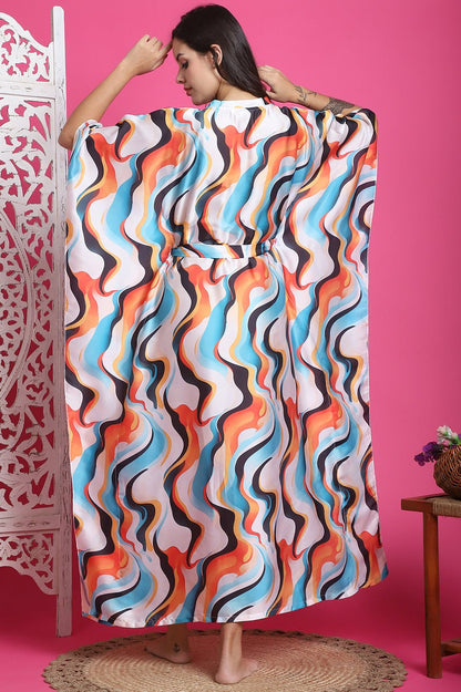 White Color Abstract Printed Satin Kaftan For Women