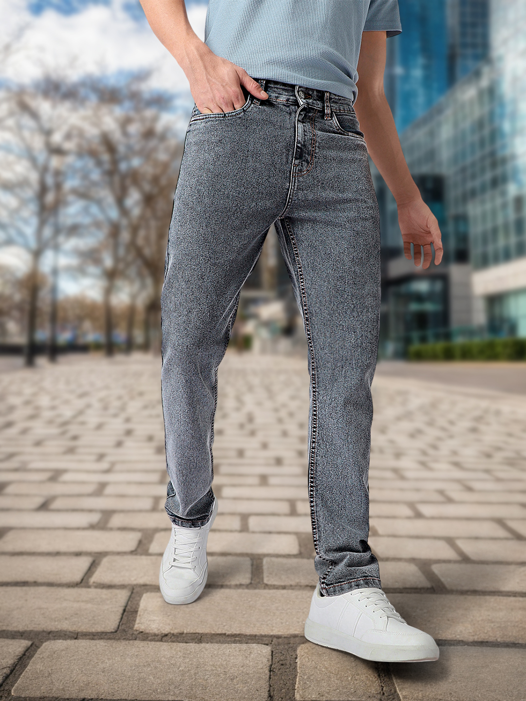 Men's Grey Regular Fit Washed Jeans Stretchable