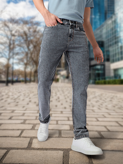 Men's Grey Regular Fit Washed Jeans Stretchable