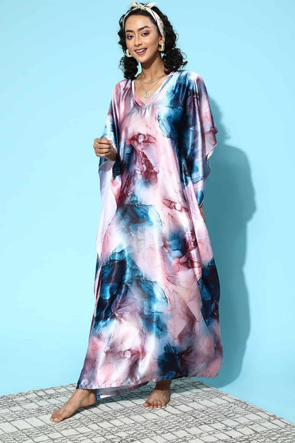 Pink Color Tie and Dye Printed Satin  Nightdress Kaftan For Women