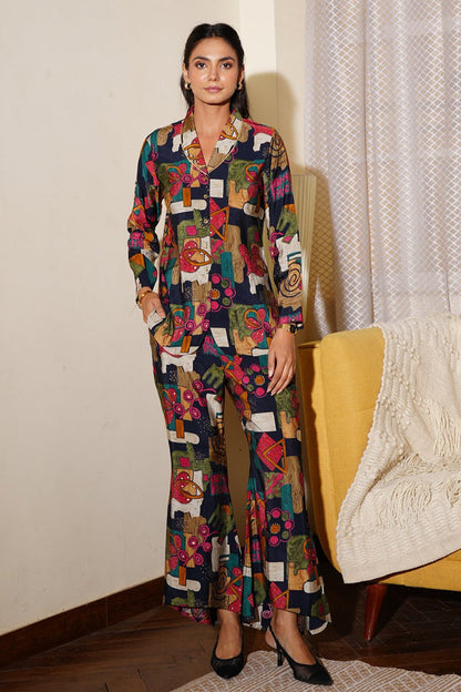 Black Abstract Printed Chanderi Silk Shirt with Trouser Co-Ord Set for Women