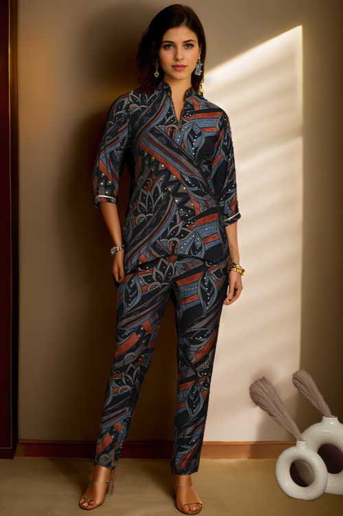 Navy Abstract Printed Chanderi Silk Co-Ord Set for Women