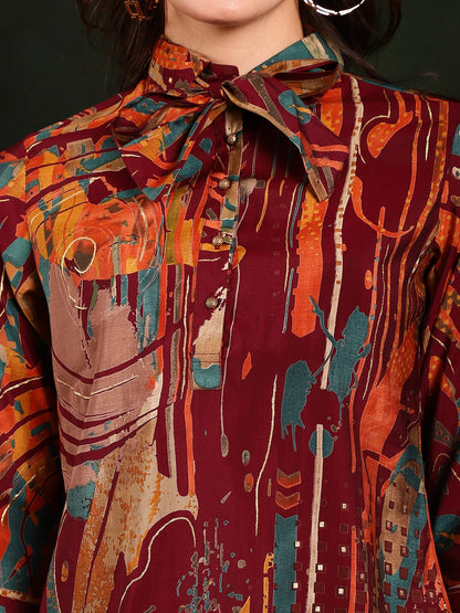 Purple Color Abstract Printed Chanderi Silk Tunic & Trousers Co-Ords Set