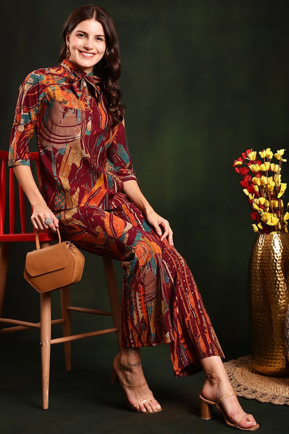 Purple Color Abstract Printed Chanderi Silk Tunic & Trousers Co-Ords Set