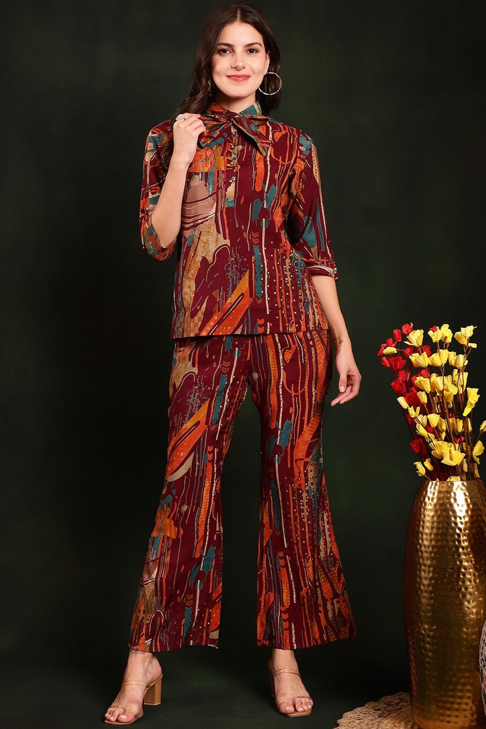 Purple Color Abstract Printed Chanderi Silk Tunic & Trousers Co-Ords Set
