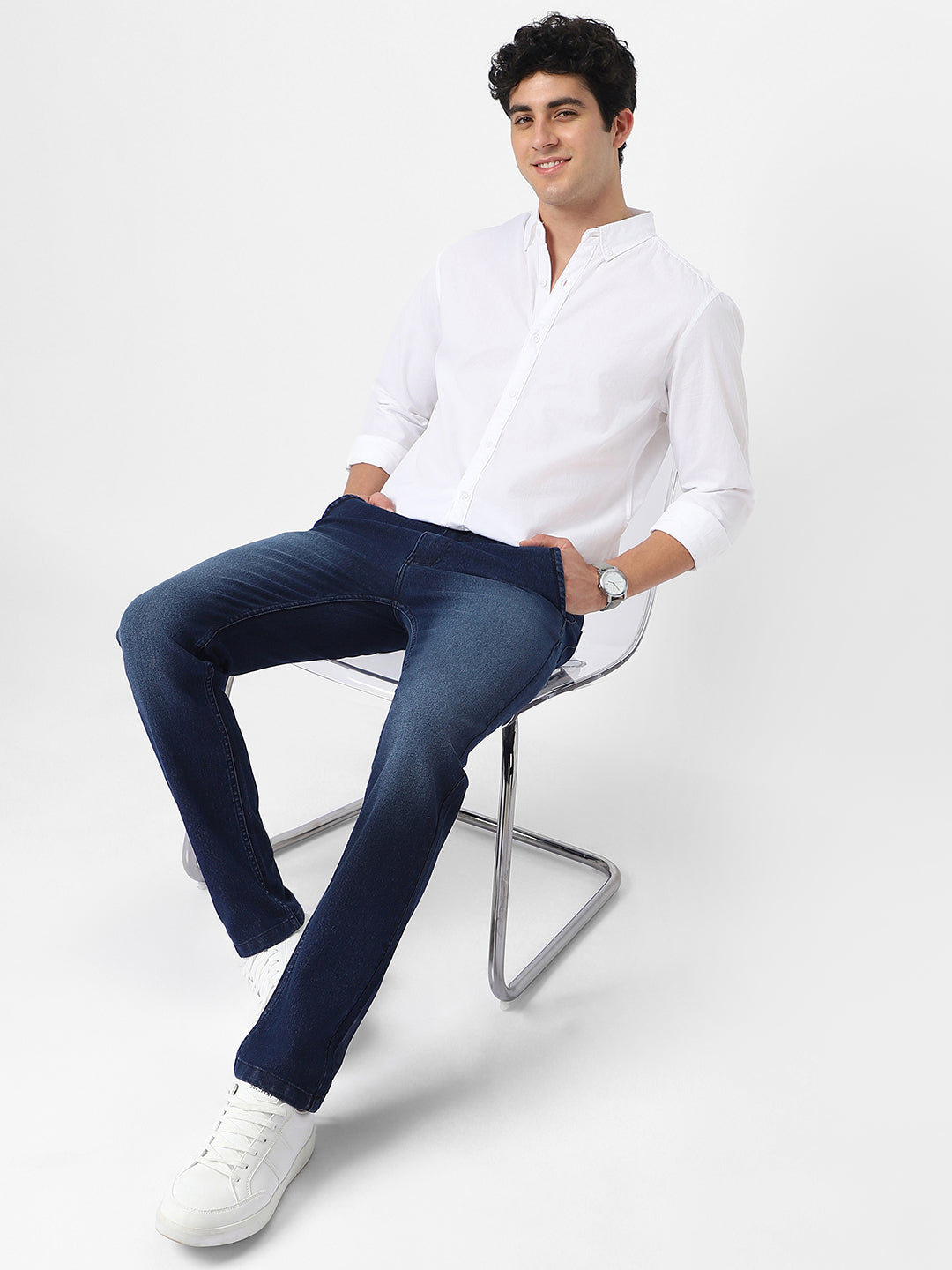 Men's Blue Regular Fit Washed Jeans Stretchable