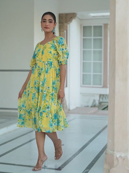 Yellow Georgette Floral Print Flared Western Dress