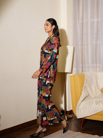 Black Abstract Printed Chanderi Silk Shirt with Trouser Co-Ord Set for Women