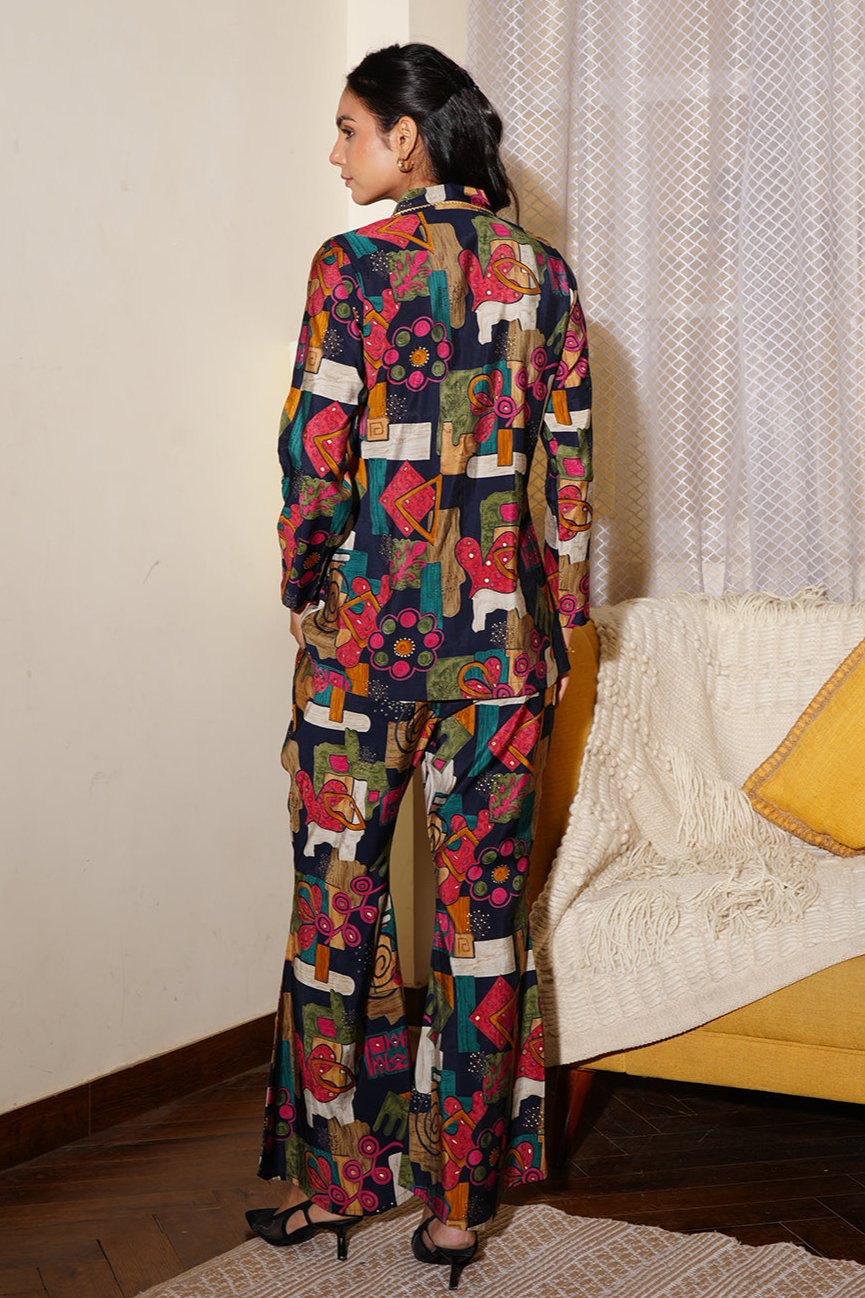 Black Abstract Printed Chanderi Silk Shirt with Trouser Co-Ord Set for Women