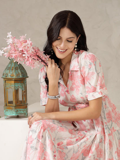 Pestal Pink Floral Printed Cotton Flared Dress