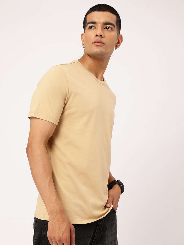 Men Printed Round Neck Cotton Blend Beige T-Shirt