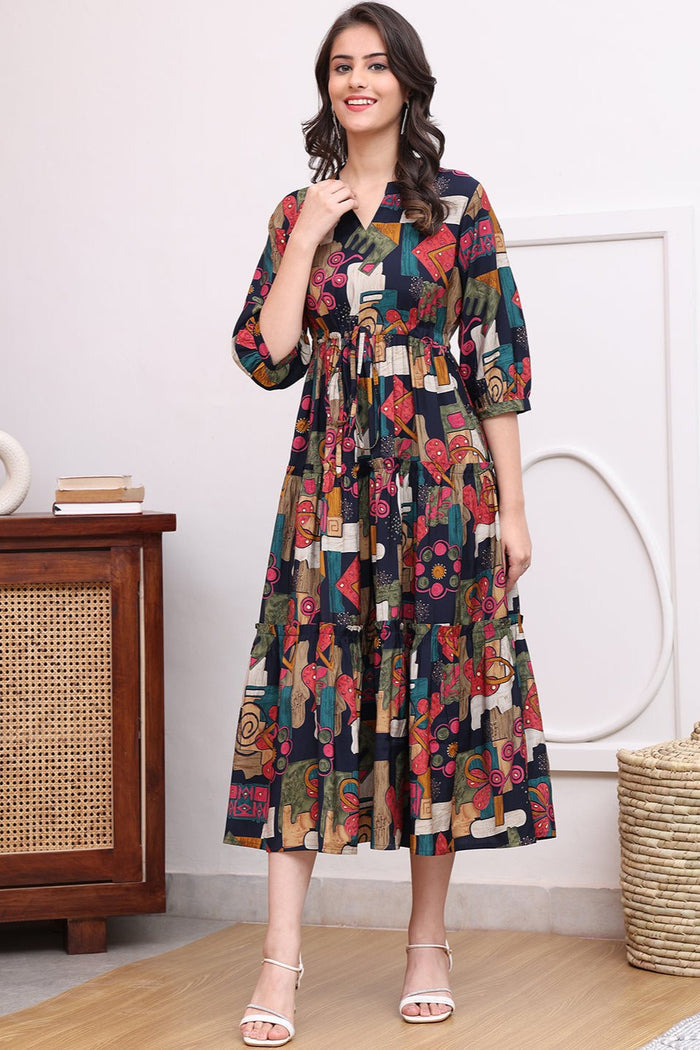 Black Colour Abstract Printed Ethnic Chanderi Premium Dress For Women